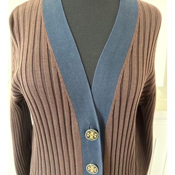 Tory Burch Button Front Cardigan Sweater Brown Blue Trim Goldtone Buttons Sz L - Picture 2 of 12
